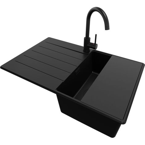 PRIMAGRAN Evier Cuisine en Granit 78x50cm, Lavabo 1 bac + Kit de Vidage + Accessoire, Évier à Encastrer au meuble 45cm - Copenhague, Tout Noir (1/5)