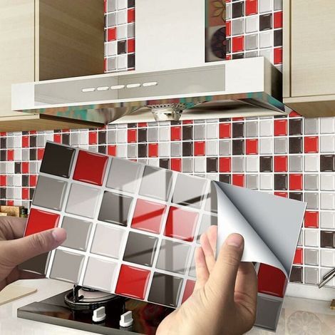 Piastrelle rettangolari decorative adesive per bagno e cucina, motivo mosaico effetto marmo, decorazione adesiva impermeabile (mosaico rosso, 24 pezzi) (1/5)