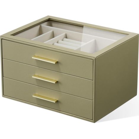 Boîte à bijoux de rangement, 3 couches avec fenêtre en verre, vert Cuir vert olive avec velours crème, support pour bague, collier, bracelet, broche, montre (1/5)