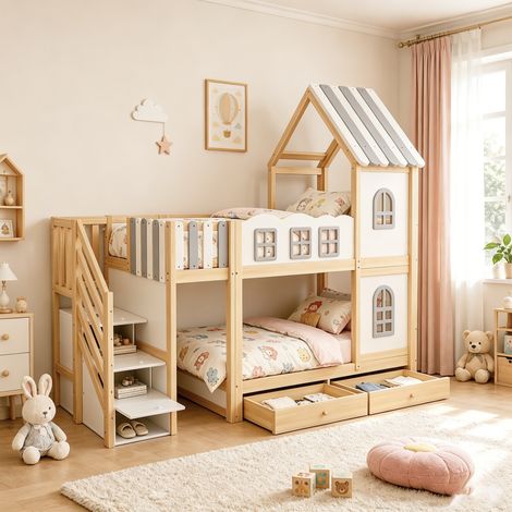 Lit superposé enfant 90x200 cm, lit cabane blanc et gris avec échelle de rangement, 2 tiroirs, étagères intégrées et garde-corps