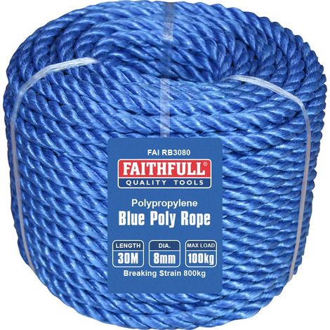 Faithfull Bobina di corda in poliestere blu FAIRB3080, diametro 8 mm x 30 m, carico massimo 100 kg, carico di rottura 800 kg