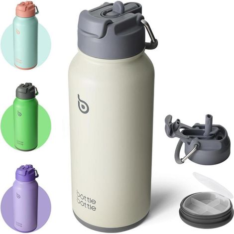 Edelstahl Trinkflasche 1L mit Strohhalm Thermoskanne Sport Isolierflascheurai (1/5)
