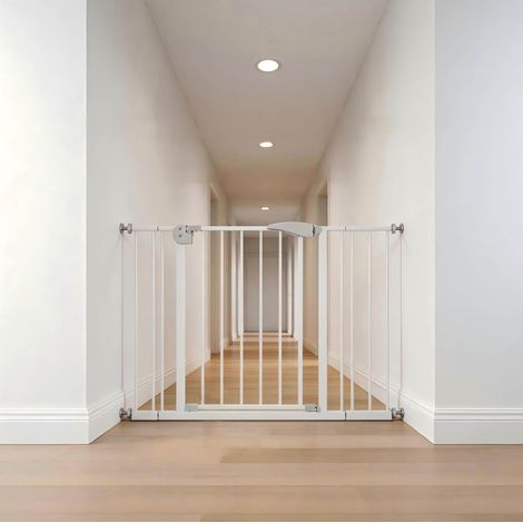 Sicherheitsgitter 75-115 x 76 cm aus weißem Metall mit Tür für Treppen – MEUBLIV (1/5)