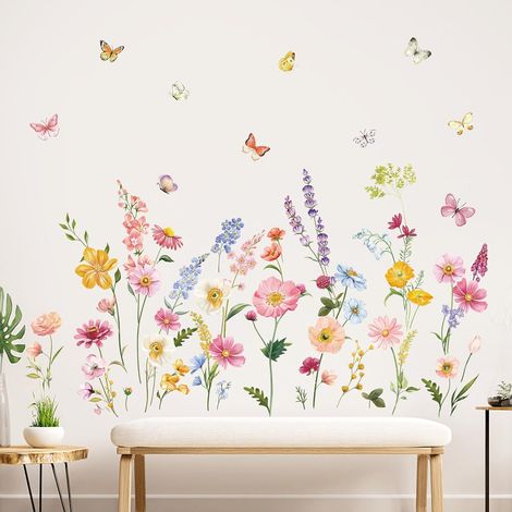 Stickers Muraux Fleur Jardin Autocollant Mural Floral Papillon (1/5)