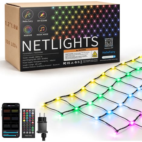 Smart Filet Lumineux RGB Étanche IP44 150 LED Intensité Réglable 30 Modes Contrôle Groupe APP DIY jusqu'à 8 Minuterie avec Télécommande Guirlande Lumineuse Extérieur 1,2×1,8M Pour Décoration Noël Buis (1/5)
