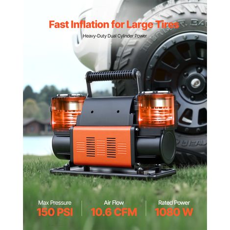 Gonfleur Pneus Voiture 12 V Compresseur à Air Portatif Double Cylindre 300 L/min 1080 W avec Manomètre Numérique, Adaptateurs, Pomp… (1/5)