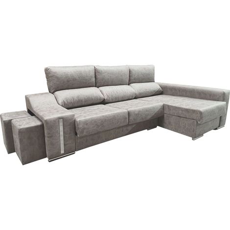Sofá Chaise Longue Oscar Derecha 3 Plazas, Arcón, 2 Puffs, Asientos Extensibles Gris Cemento 263 cm