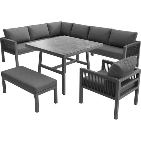 Ensemble de jardin modulable en L pour 8 personnes avec structure en fer et coussins gris, incluant 1 table avec plateau en verre effet marbre et 2 fauteuils (1/5)