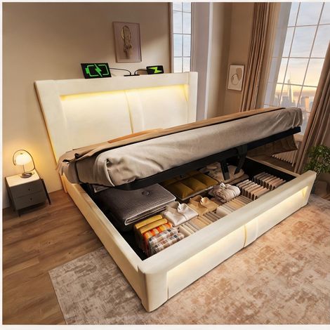 Cadre de lit beige en velours 217 x 183 x 107 cm (1/5)