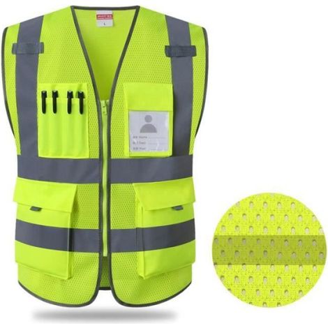 Gilet De Sécurité - Classe 2 - Haute Visibilité Fluo Jaune - 7 Poches Avec Fermeture Éclair - Pour Travail En Extérieur Nocturne Ou Diurne - Taille 113 Cm (1/4)