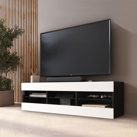 Komodee, Meuble Banc TV Tivoli 140, Noir/Blanc, Largeur 140cm x Hauteur 40,5cm x Profondeur 35cm, sans LED, pour Salon, Chambre (1/5)