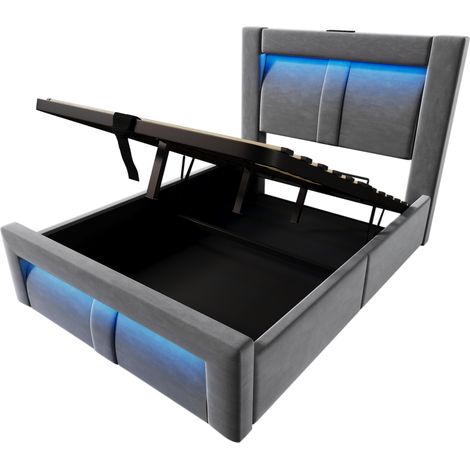 Cama con canapé 90x200 cm en terciopelo gris con LED, colchón y puertos USB-C (1/5)
