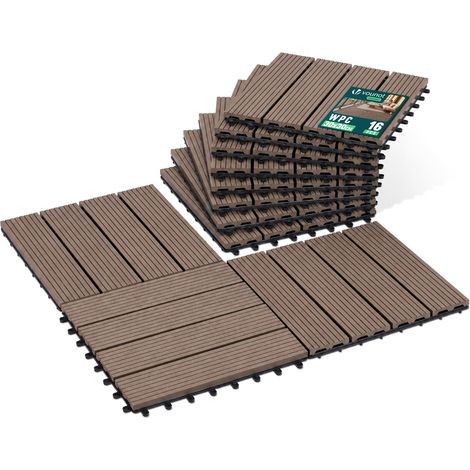 Lot de 16 Dalles Clipsables WPC 30x30 cm Caillebotis de Terrasse Antidérapants et Drainants Dalles de Sol Découpables Résistantes à l’Eau pour Balcon Jardin Patio Piscine Marron (1/5)
