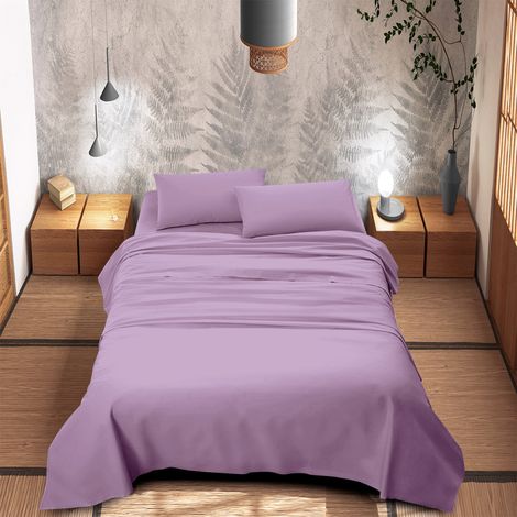 Completo Letto 100% Puro Cotone Set Lenzuola Tinta Unita Lenzuolo Sotto Sopra e Federe Copri Cuscini Biancheria Da Letto Lilla - Matrimoniale