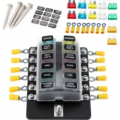 12-Way Blade Fuse Box Holder Blocks with Red LED Indicator, 10 Fuses, 10 Terminals for Boat, Caravan, Marine, Truck (1/5)