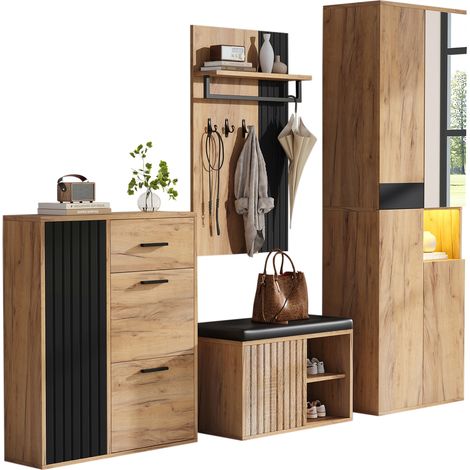 Muebles de Recibidor con Armario, Zapatero, Banco y Perchero, Espejo, Estilo Moderno, en Tablero de Partículas, Natural+Negro, 215×36×190 cm (1/5)