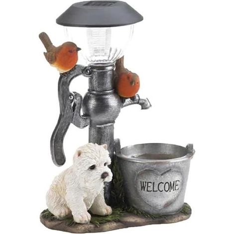 1 x Statue Chien Résine, Éclairage Solaire Automatique, Sculpture Jardin Extérieur avec Veilleuse Intégrée, Idéale pour Terrasse ou Balcon