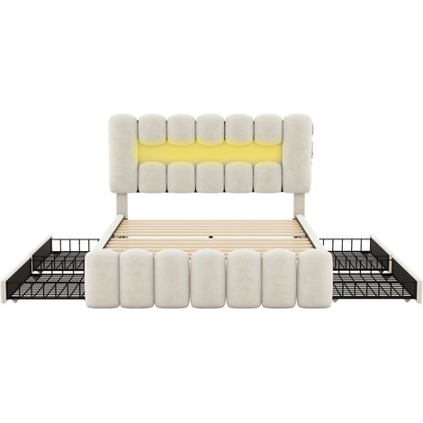 Cama capitoné beige 160 x 200 cm en terciopelo con 4 cajones, LED, USB y altavoces (1/5)
