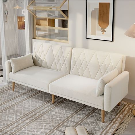 Canapé convertible 2 plazas de terciopelo beige 180 cm con respaldos independientes y reposabrazos ajustables (1/5)