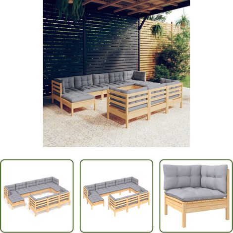 Terrassensofa - 10-tlg. Garten-Lounge-Set mit Grauen Kissen Kiefer Massivholz (1/5)