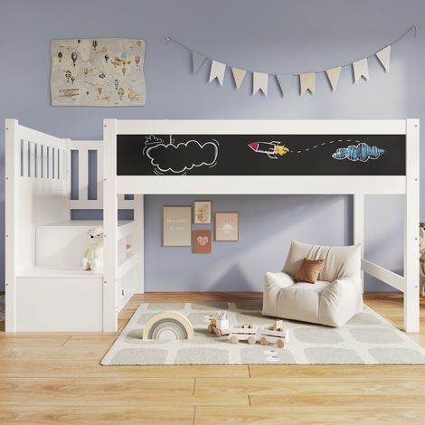 Lit mezzanine mi-hauteur enfant 90x200 cm, escalier à rangements réversible, tableau noir/blanc, garde-corps, certifié EN 747, bois massif/MDF, blanc (1/5)