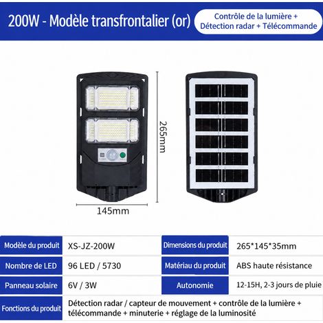 Lampadaire solaire extérieur LED 200W avec détecteur de mouvement, mât et télécommande 200w 18,5 × 5 × 26,5 cm 500 g – Livraison gratuite