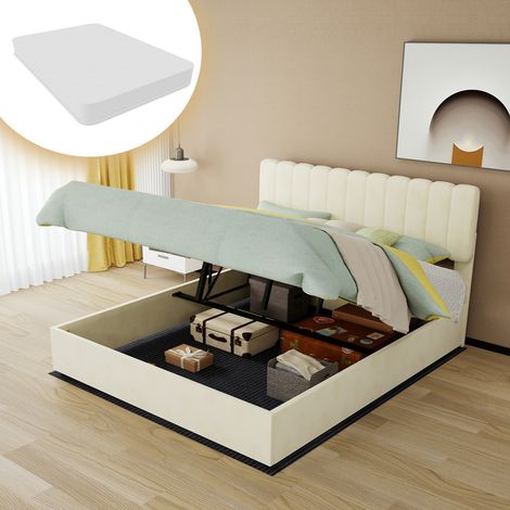 Letto matrimoniale 160x200 cm in tessuto peluche beige con testiera alta e materasso – MEUBLIV (1/5)