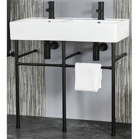 Milano Dalton White Ceramic Bathroom Basin Sink with Black Washstand - 820mm x 420mm