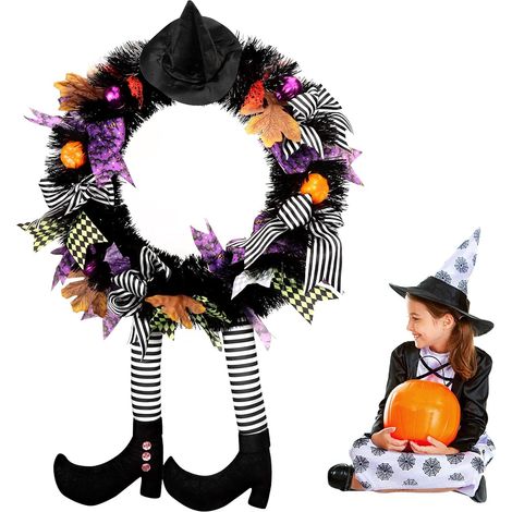 Couronne d'halloween, Couronne de Citrouille SorcièRe pour Porte d'Entrée, Decoration Halloween Exterieur, Décorations Murales Porte de Guirlande Halloween