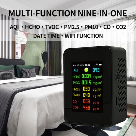 Eosnow Tuya Wifi Tragbares Luftqualitätsmessgerät 7in1 PM2,5 PM10 Kohlenoxid CO2 TVOC HCHO AQI Tester TFT-Farbbildschirm Kohlendioxiddetektor mit Zeit- und Datumsanzeigefunktion