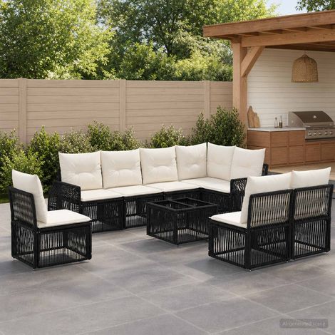 vidaXL Ensemble de canapé de jardin 9 pc Noir et blanc crème polyrotin (1/5)
