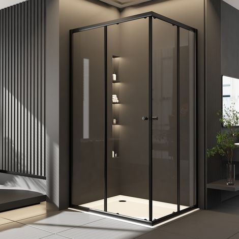 Duschkabine Schwarz 80x100 cm Eckeinstieg mit Schiebetüren 6mm ESG Sicherheitsglas Duschschiebetür Duschabtrennung, Über Einer Duschwanne Oder Fliesen Montiert, Höhe: 185cm