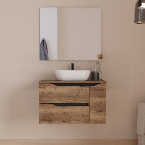 Meuble de salle de bain 80cm avec plateau, vasque à poser centrée Zeus et miroir - 2 tiroirs et un placard - tabaco (bois foncé) - ZARZA