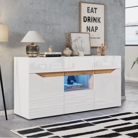 Sideboard 140 x 40 x 70 cm mit 4 Schubladen, 2 Schränken, LED, Weiß und Holzoptik HAVRYA (1/5)