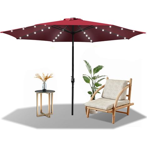 Randaco 3.5m Sonnenschirm UV50+ Sonnenschutz Gartenschirm Strandschirm LED Solar, ohne knickbar, Schirmtuch mit PA-Beschichtung, Rot