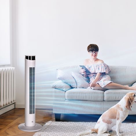 Ventilateur colonne avec télécommande minuterie 12 heures 3 vitesses écran LED oscillant 70 ° Ø 31.5 x 93 cm blanc