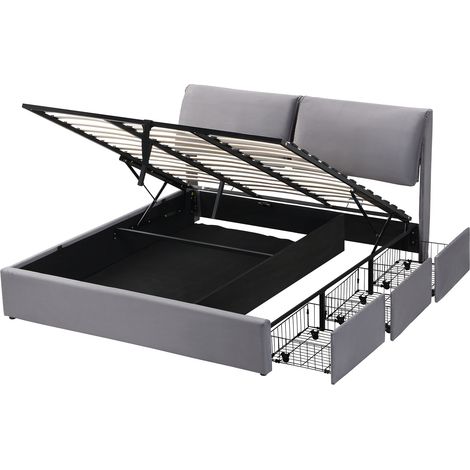 Letto contenitore idraulico 160x200 grigio in velluto con 3 cassetti e testiera (1/5)