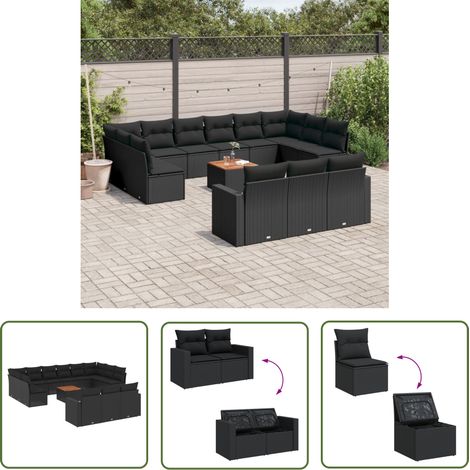 The Living Store 14-tlg. Garten-Sofagarnitur mit Kissen Schwarz Poly Rattan - Gartenmöbel Set - Esszimmergarnitur Outdoor - Lounge Möbel - Rattan Gartenset - Balkonmöbel (1/5)
