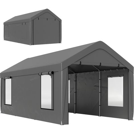 Abri voiture garage 3x6 m parois latérales amovibles 2 portes enroulables 4 fenêtres gris foncé