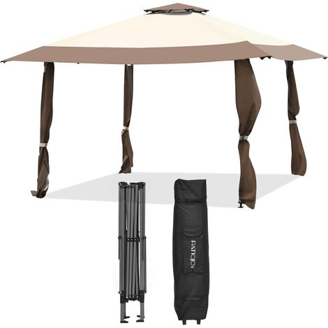 COSTWAY Tonnelle Barnum de Jardin Pliante Pop-up 3,95x3,95M 2 Toit Ventilés Tissu Oxford 3 Hauteurs Réglable Sac de Rangement Marron (1/5)