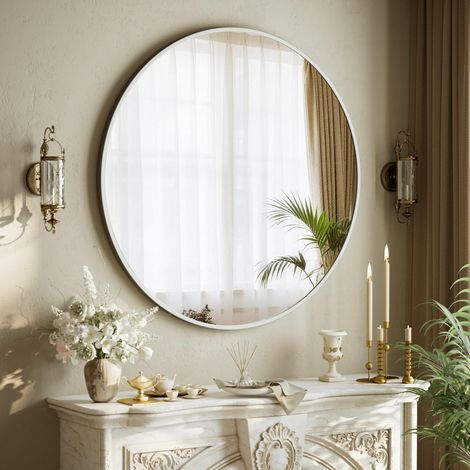 Miroir rond de 90 cm - Cadre en aluminium incassable - Miroir mural de salle de bain - Peut être suspendu ou posé - Convient pour chambre à coucher, salle de bain, salon - Argenté (1/5)