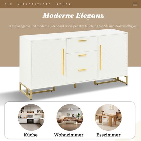 Meuble buffet blanc élégant à motif chevrons, 2 portes et 3 tiroirs pour salle à manger, cuisine et salon (Blanc) (1/5)