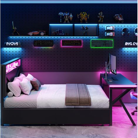 Gaming-Plattformbett 140 x 200 cm aus MDF und Metall, Schwarz, LED, Stauraum – MEUBLIV (1/5)