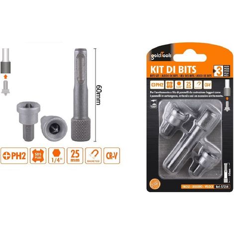 TRADE SHOP - Kit Di Bits Inserti Per Avvitatore 2pz Da 25mm Ph2 + 1pz Da 60mm Magnetico 57254 - (1/2)