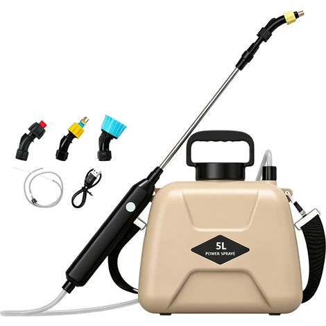 Pulvérisateur électrique 5 L brun clair – Pulvérisateur à batterie rechargeable avec 3 buses et lance télescopique en acier inoxydable – 4 Modes de pulvérisation – Pour arrosage, fertilisation et nett (1/5)