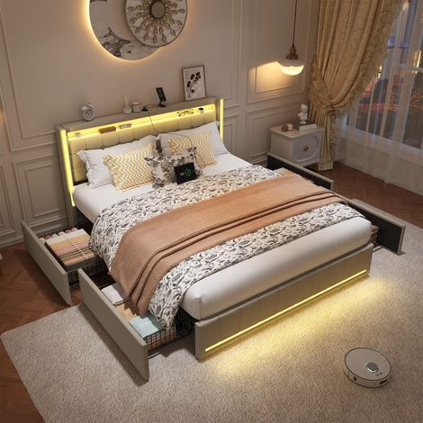 Lit 160 x 200, lit 160x200 avec sommier, cadre de lit, avec port USB et LED, 4 tiroirs en fer, avec tete de lit, beige, lin