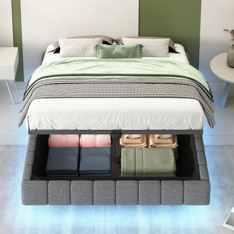 Cama doble tapizada con almacenamiento LED gris OKMYHOME (1/5)