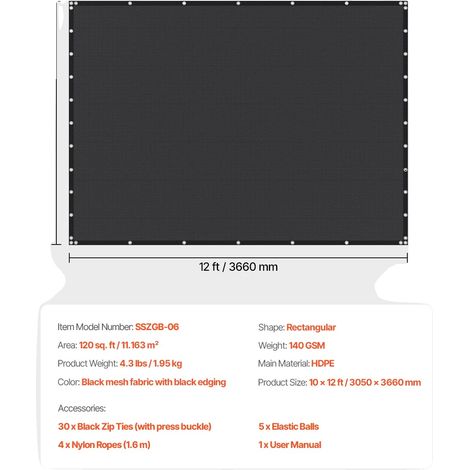 Telo ombreggiante, protezione UV, materiale HDPE resistente, 185 g/m², 3x3,66 m, nero. (1/2)