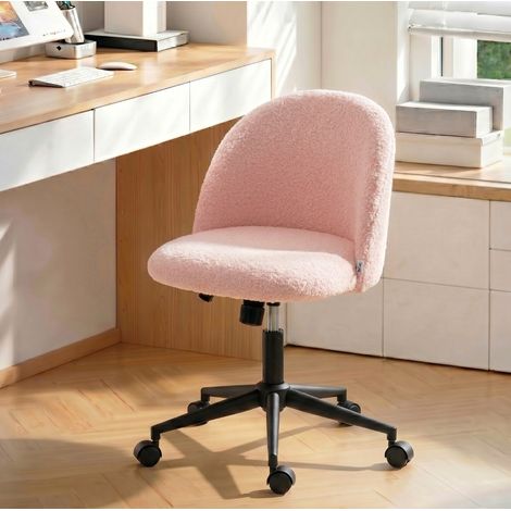 Sedia da ufficio girevole in teddyfleece rosa, regolabile in altezza, con ruote (1/5)