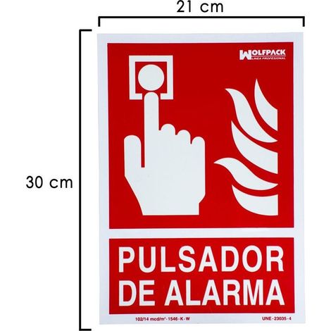 Fluoreszierendes Schild Druckknopfalarm 30x21 cm.